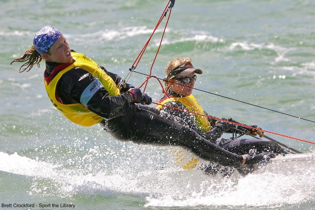 Stacey Omay and Chelsea Hall (AUS) in the women’s 470 (ISAF World Cup) © Brett Crockford /Sport the Library